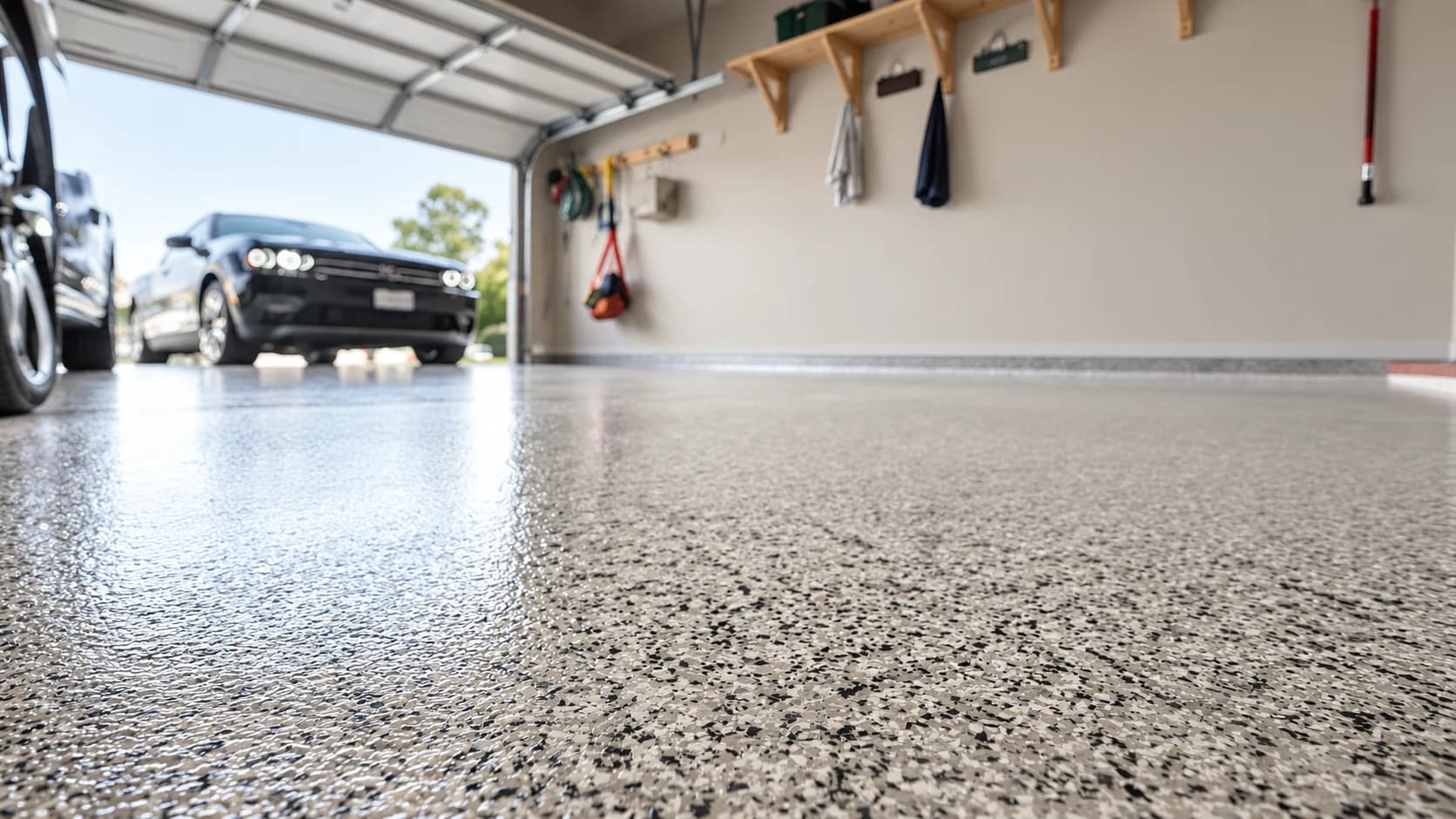 Gray flake epoxy garage floor with a golf cart and sedan parked on it, daylight from the open garage door