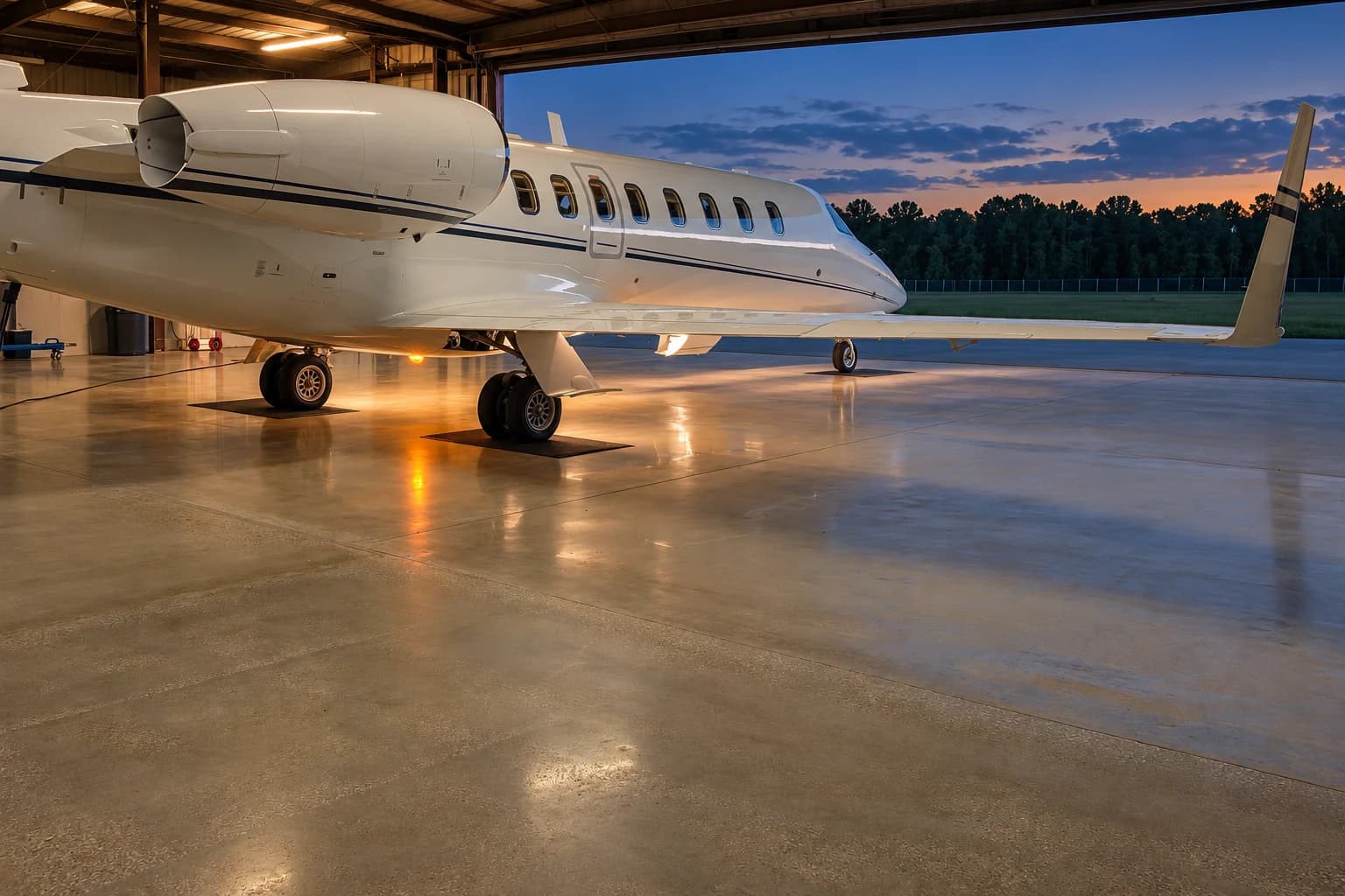 A business jet standing in a hangar with the door open onto a field at dusk, its lights running as reflections down the glossy floor