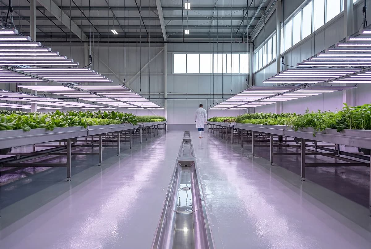 Rows of green cultivation plants under grow lights in an indoor facility with a pale seamless floor and floor drains