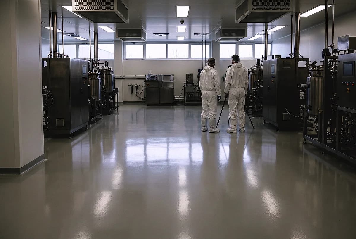 A bright white cleanroom with two suited technicians seen from behind on a seamless pale floor