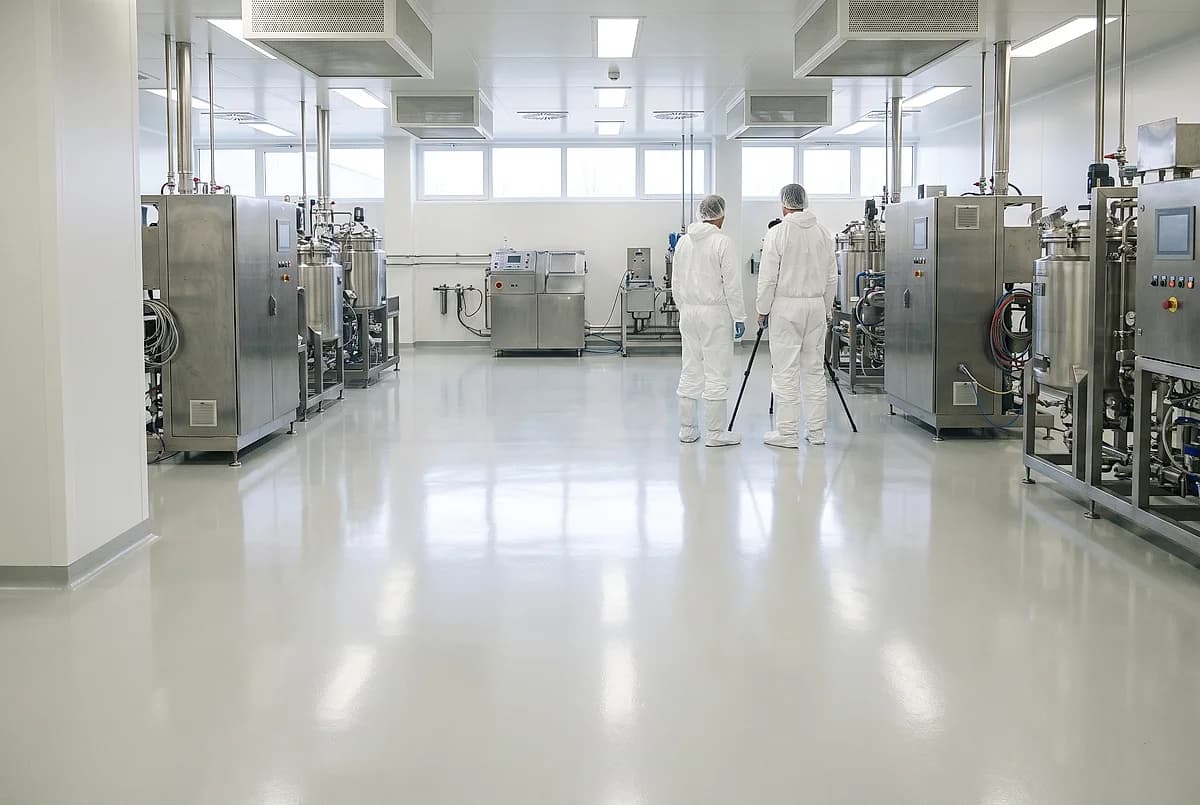 A bright white cleanroom with two suited technicians seen from behind on a seamless pale floor