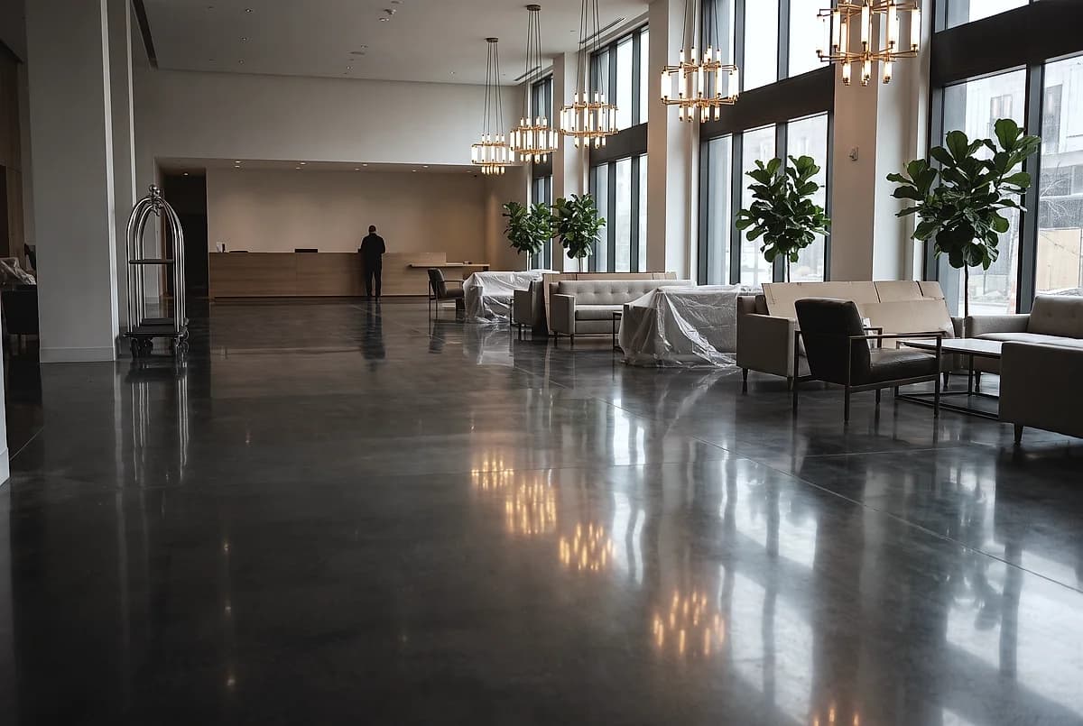 A hotel lobby with a dark polished concrete floor reflecting warm pendant lights, lounge chairs and a long reception desk