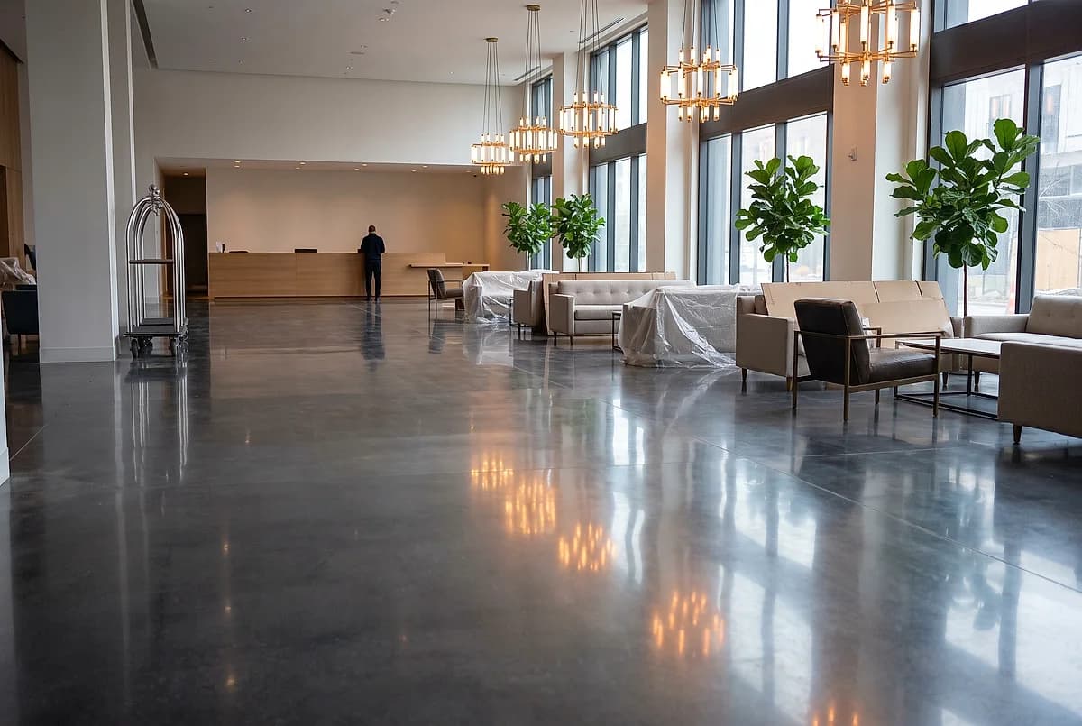 A hotel lobby with a dark polished concrete floor reflecting warm pendant lights, lounge chairs and a long reception desk