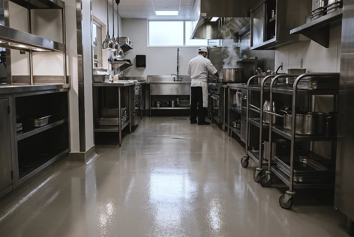 A hotel kitchen service corridor with a seamless pale floor curving up the wall, stainless prep counters on both sides