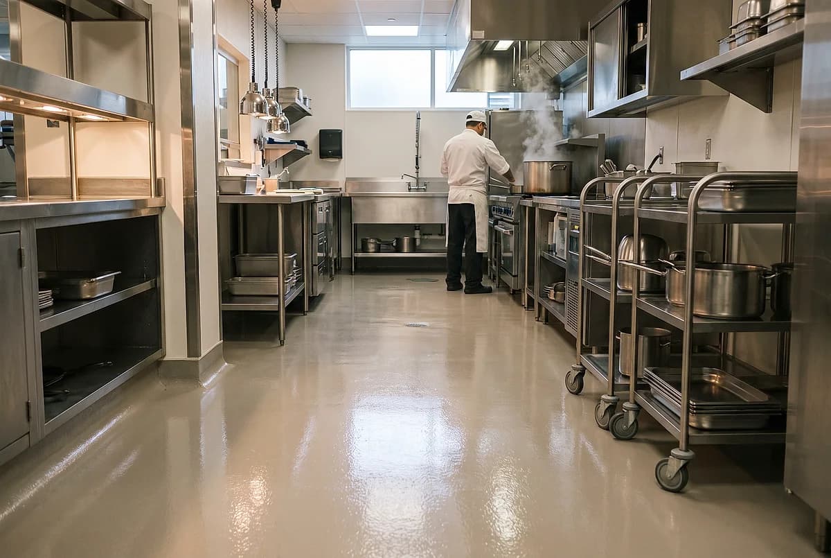 A hotel kitchen service corridor with a seamless pale floor curving up the wall, stainless prep counters on both sides