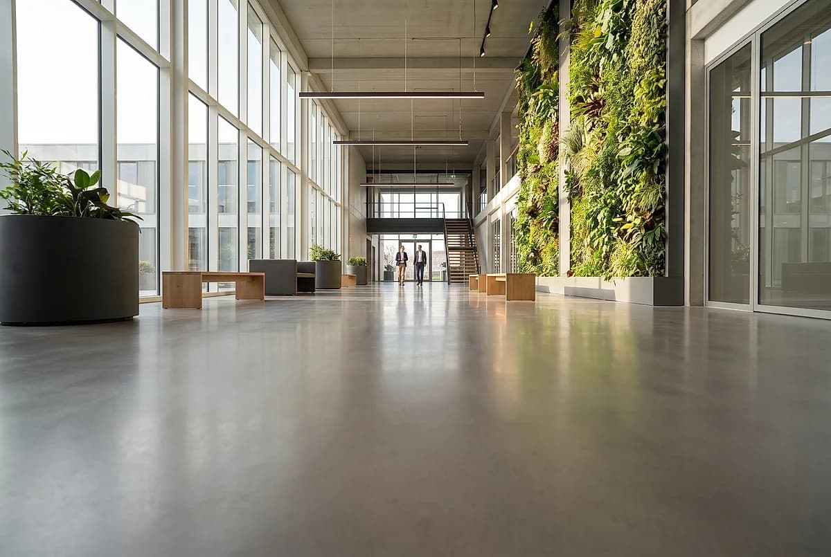 A daylight-filled office atrium with large planters and a warm gray polished concrete floor