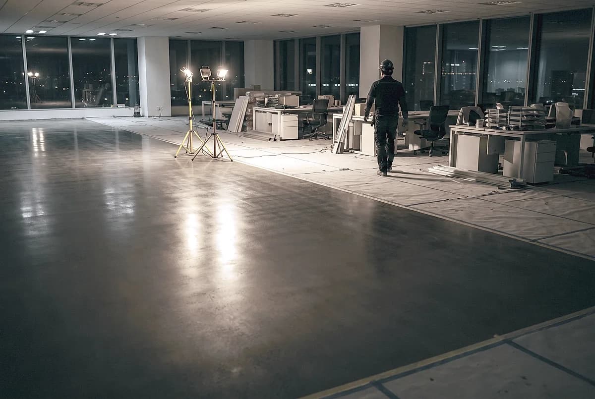 An office floor at night, one half freshly polished and the other half under work lights, one installer walking away