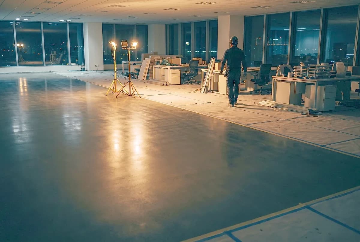 An office floor at night, one half freshly polished and the other half under work lights, one installer walking away