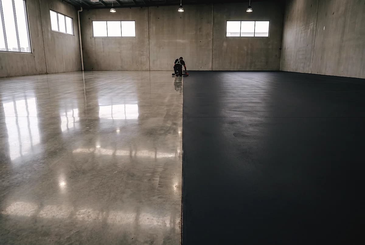 A commercial floor split in two finishes: polished natural gray concrete on the left, deep charcoal epoxy on the right, one installer kneeling at the boundary
