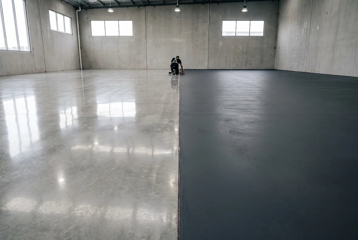 A commercial floor split in two finishes: polished natural gray concrete on the left, deep charcoal epoxy on the right, one installer kneeling at the boundary