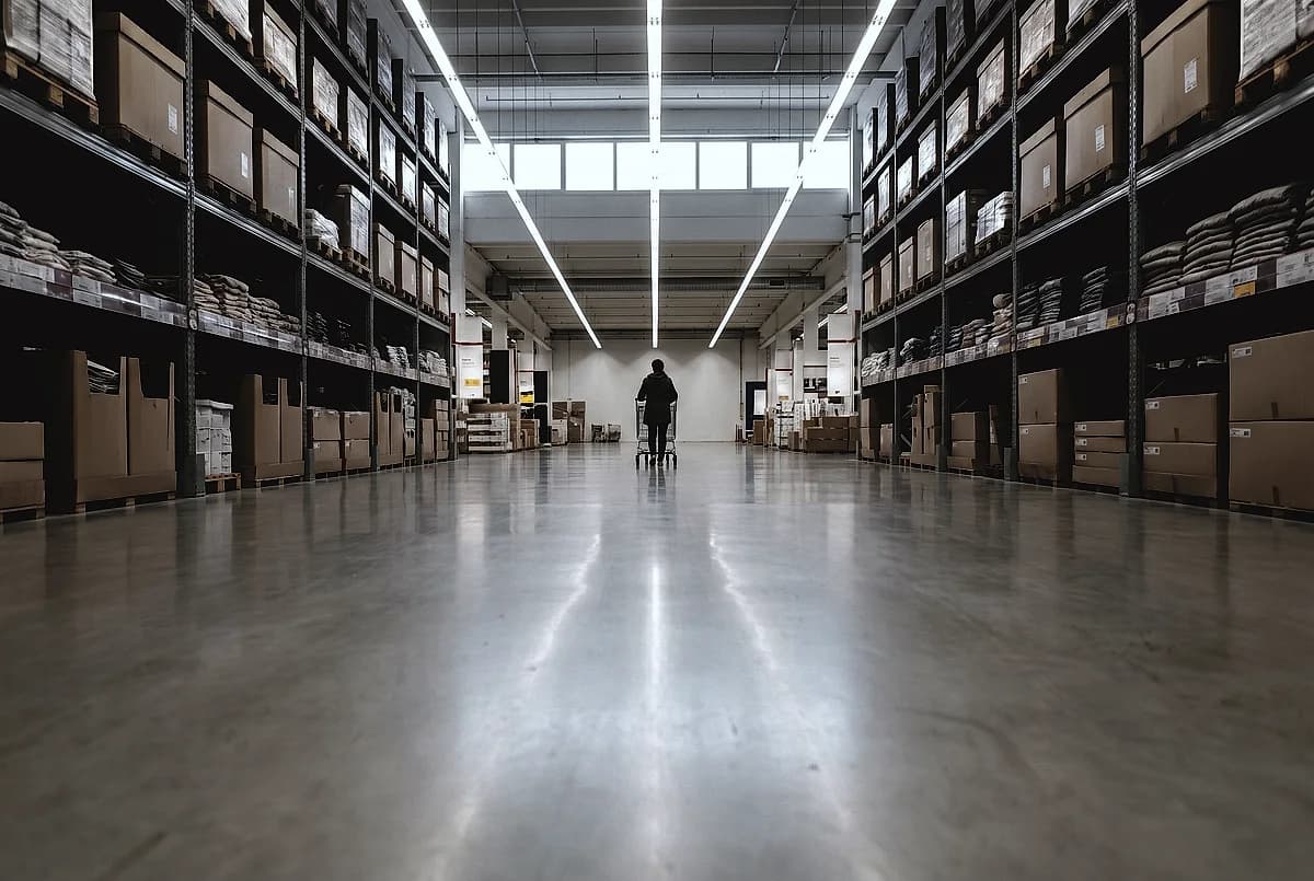 A retail store aisle with plain shelving and a polished concrete floor reflecting the ceiling lights