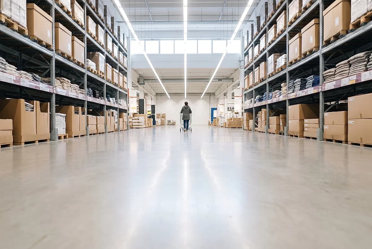 A retail store aisle with plain shelving and a polished concrete floor reflecting the ceiling lights