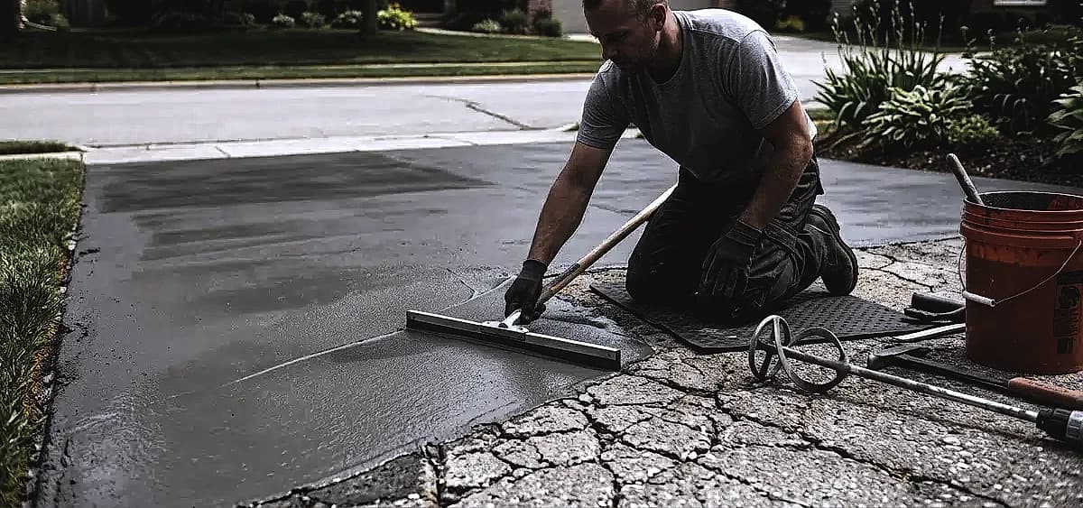 A professional contractor applying a polymer-modified concrete resurfacing overlay to a cracked driveway