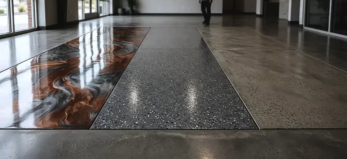 Comparison of polyaspartic, metallic epoxy, and cementitious overlay finishes on a concrete floor
