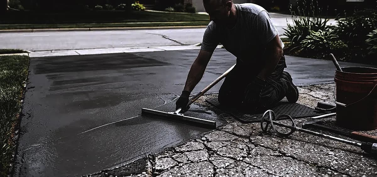 A professional contractor applying a polymer-modified concrete resurfacing overlay to a cracked driveway