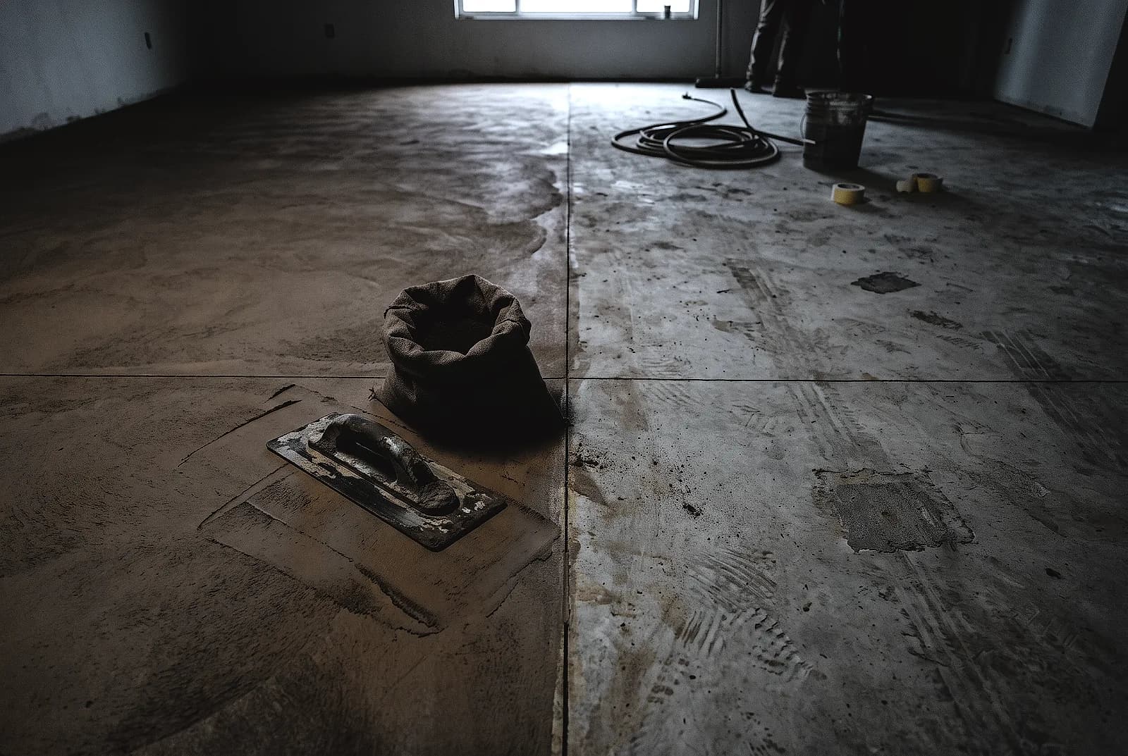 A terracotta coloured slab meeting an untreated grey section along a straight edge