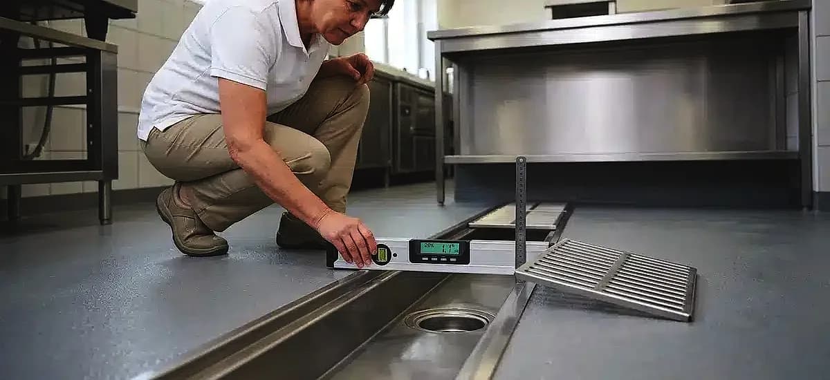 Health inspector checking the 1/4 inch per foot drainage slope on a newly installed commercial kitchen floor