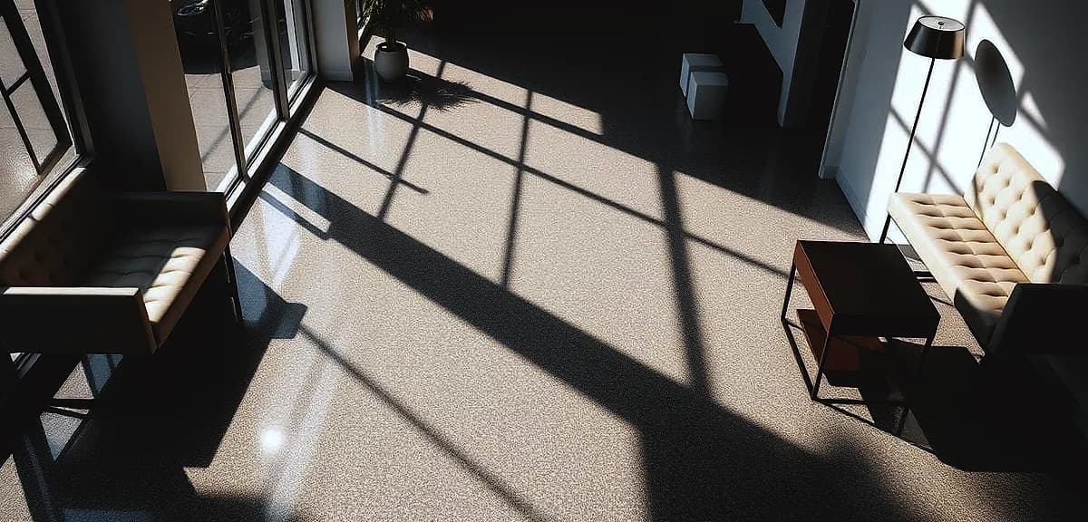 A well-lit, high-angle view of a gleaming epoxy floor system in a modern commercial setting in South Florida.