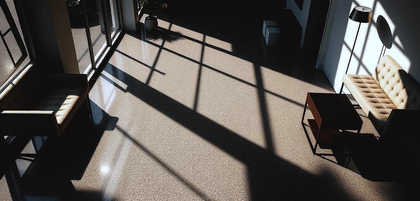 A well-lit, high-angle view of a gleaming epoxy floor system in a modern commercial setting in South Florida.