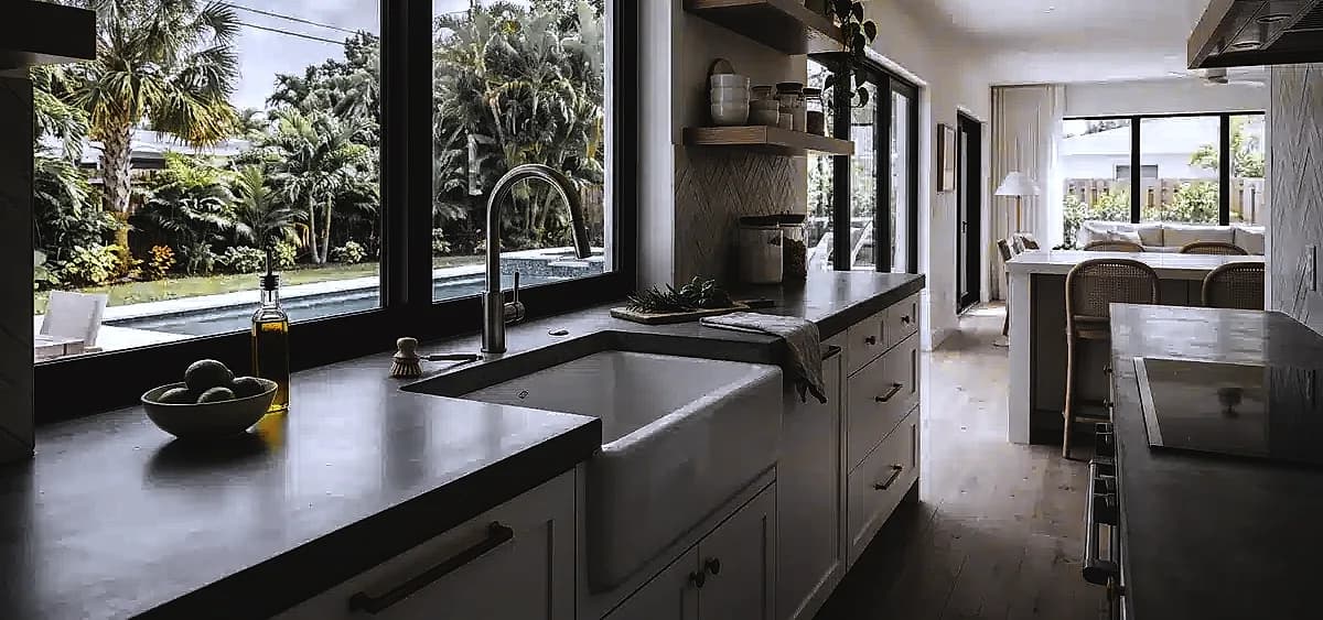A modern coastal kitchen in Florida featuring a seamless matte concrete countertop integrated with a white fireclay apron-front farm sink.