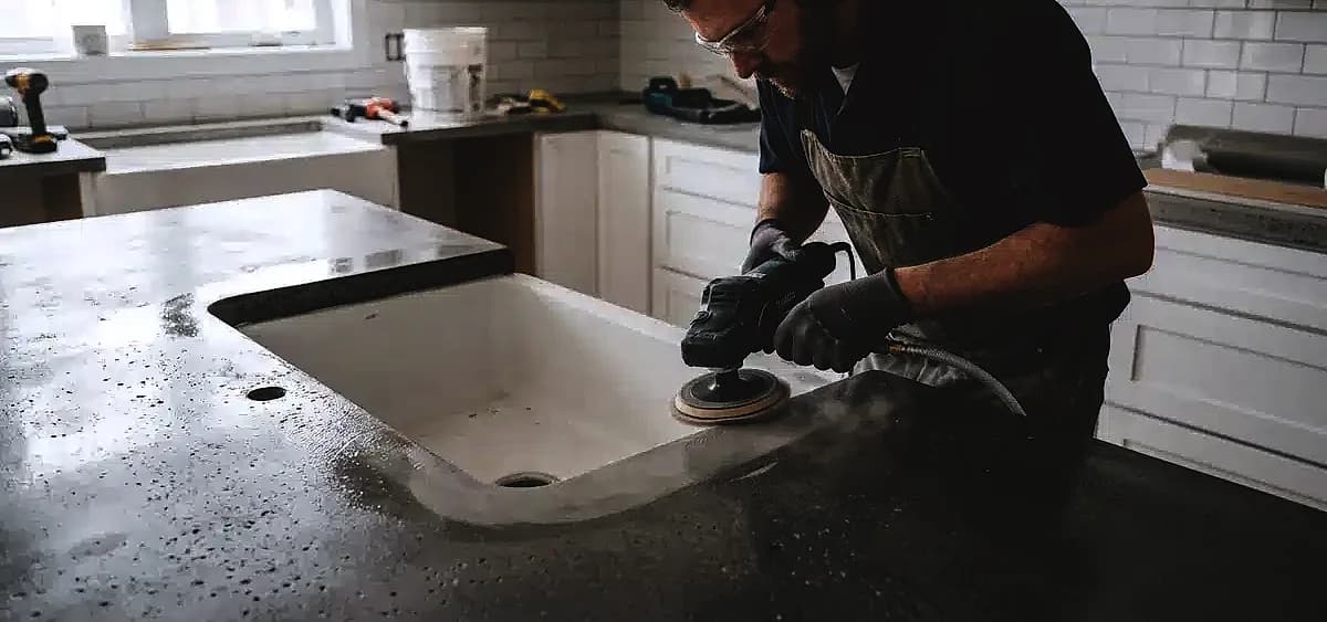 A contractor using a hand-held diamond polishing tool to smooth the interior edge of a concrete countertop cutout for a farm sink.