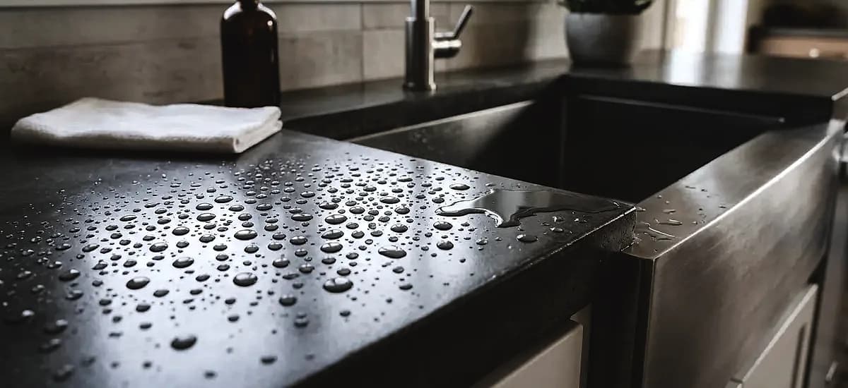 Close up of water beading on a freshly sealed concrete countertop next to a stainless steel farmhouse sink, demonstrating moisture resistance.