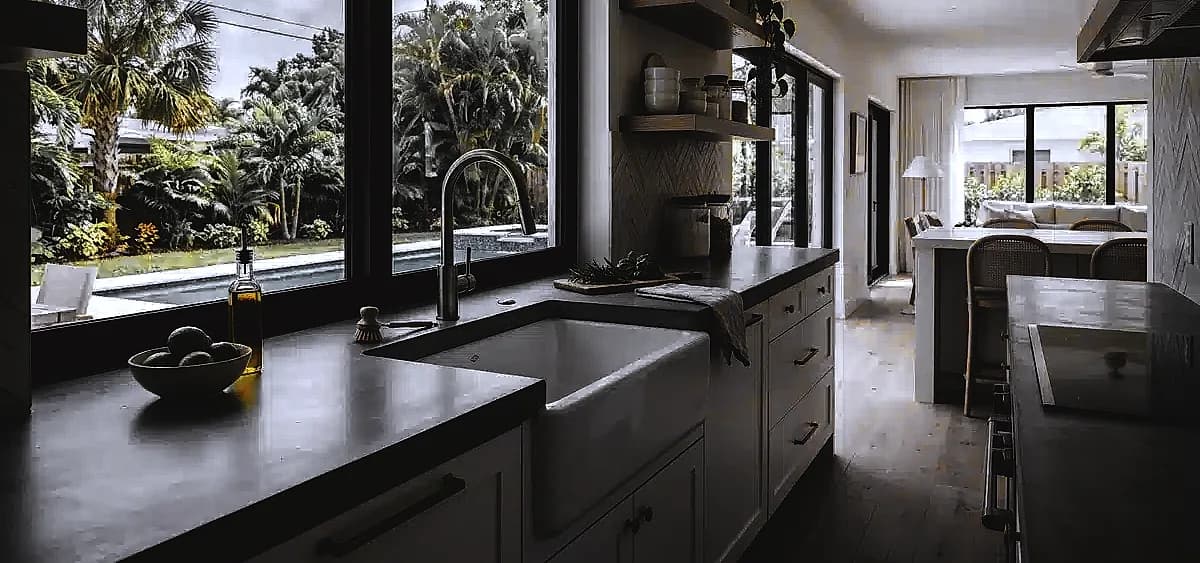 A modern coastal kitchen in Florida featuring a seamless matte concrete countertop integrated with a white fireclay apron-front farm sink.