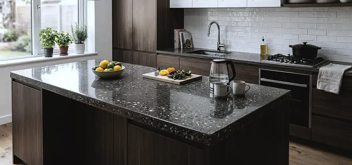 A modern kitchen featuring a high-gloss polished concrete countertop with exposed aggregate