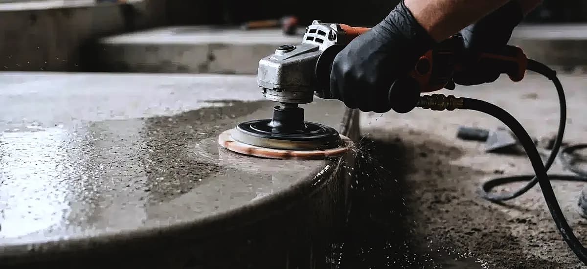 Close-up of a variable speed wet polisher using a diamond resin pad on a concrete edge