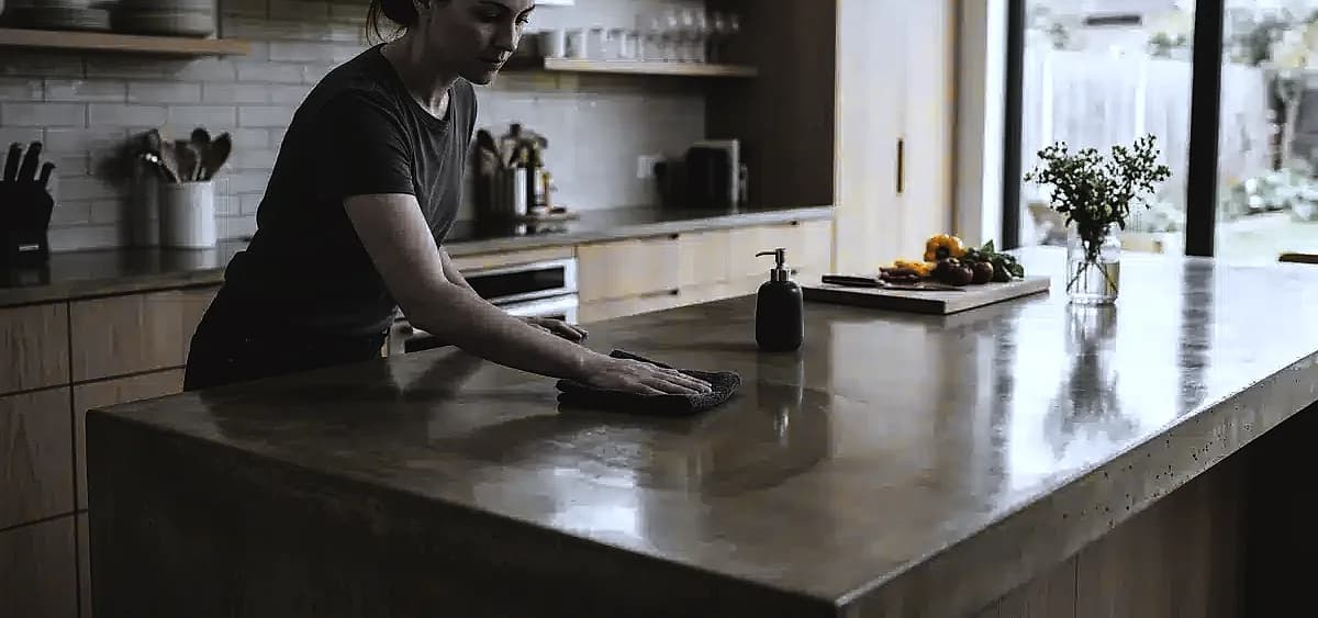 A homeowner wiping down a sealed, polished concrete kitchen island with a microfiber cloth