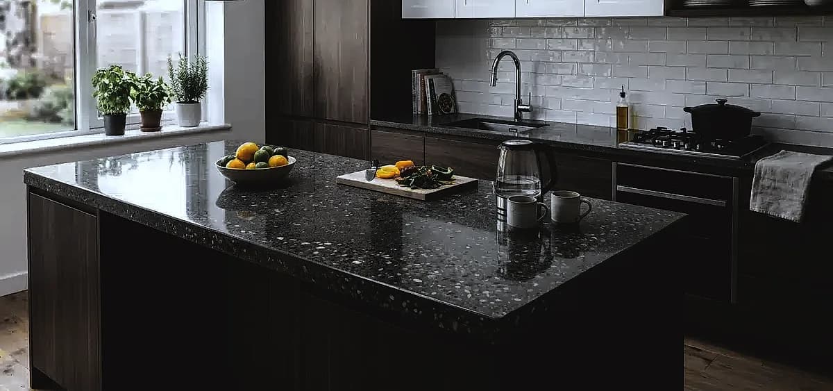A modern kitchen featuring a high-gloss polished concrete countertop with exposed aggregate
