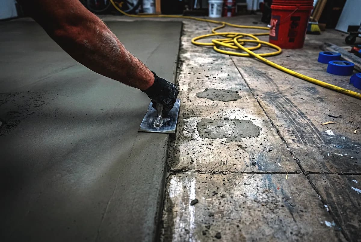A trowel finishing the leading edge of a fresh concrete overlay
