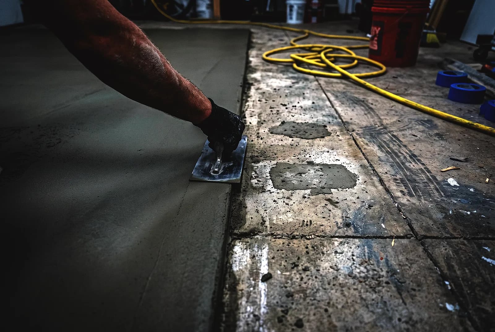 A trowel finishing the leading edge of a fresh concrete overlay