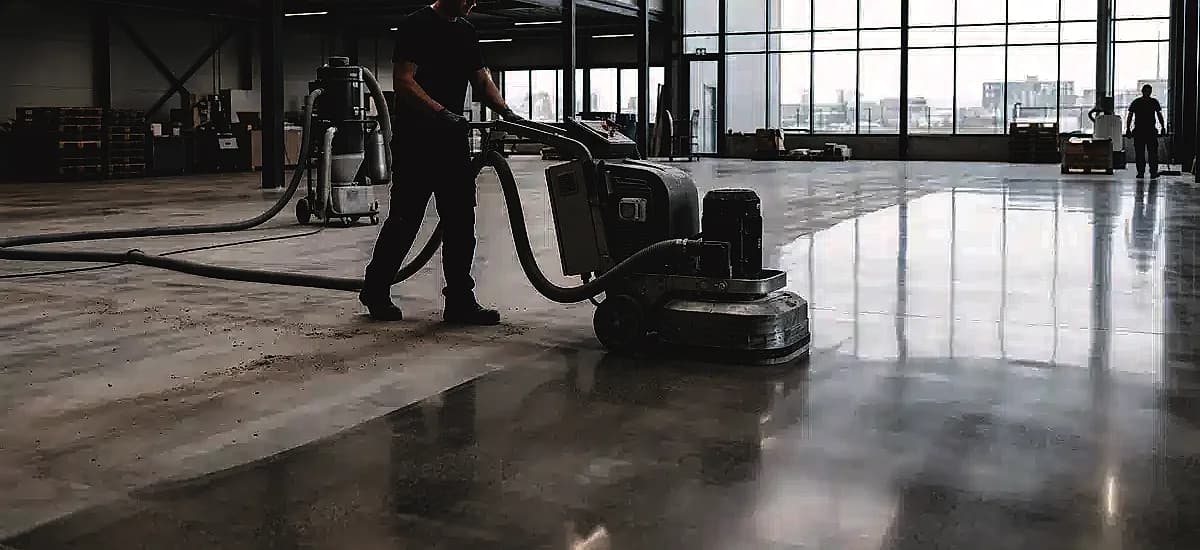 Professional concrete polishing machine refining a large commercial floor space