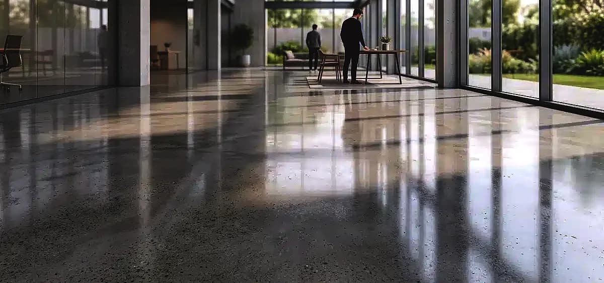Digital 3D rendering of a polished concrete floor showing light reflection and texture mapping