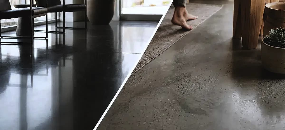 Comparison of a high-gloss commercial concrete floor versus a matte residential concrete finish