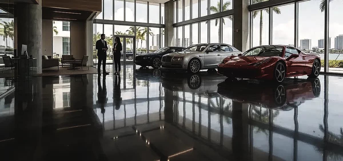 High-gloss polished concrete floor in a luxury Miami auto dealership showroom reflecting premium vehicles