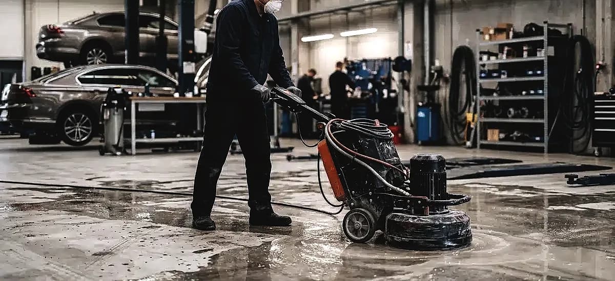 Technician using heavy-duty planetary grinder to polish concrete floor in an automotive service bay