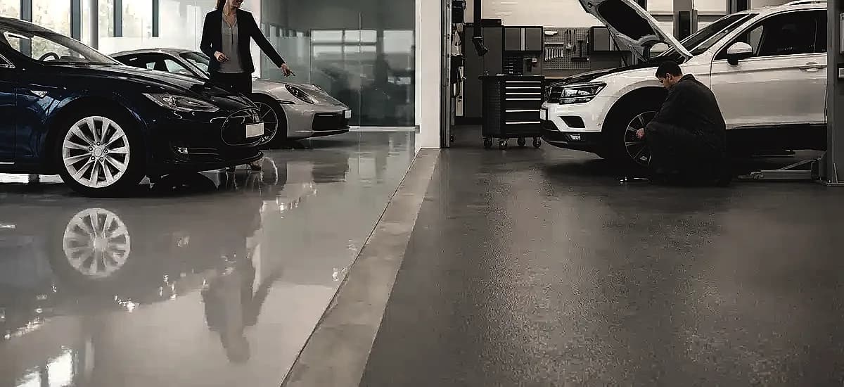 Comparison of a high-gloss showroom floor next to a matte-finished, slip-resistant automotive service bay floor