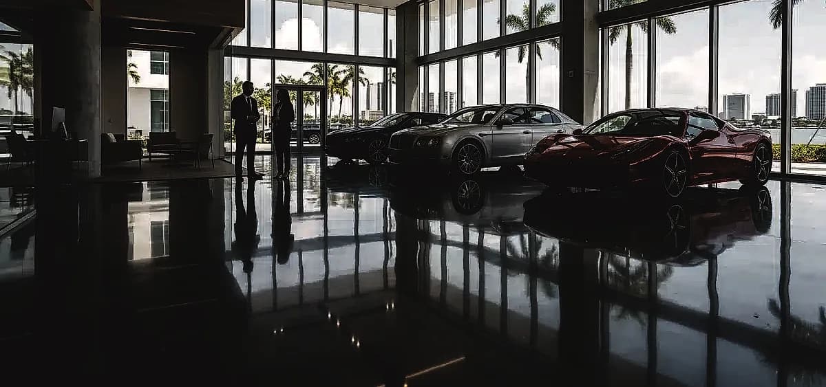 High-gloss polished concrete floor in a luxury Miami auto dealership showroom reflecting premium vehicles