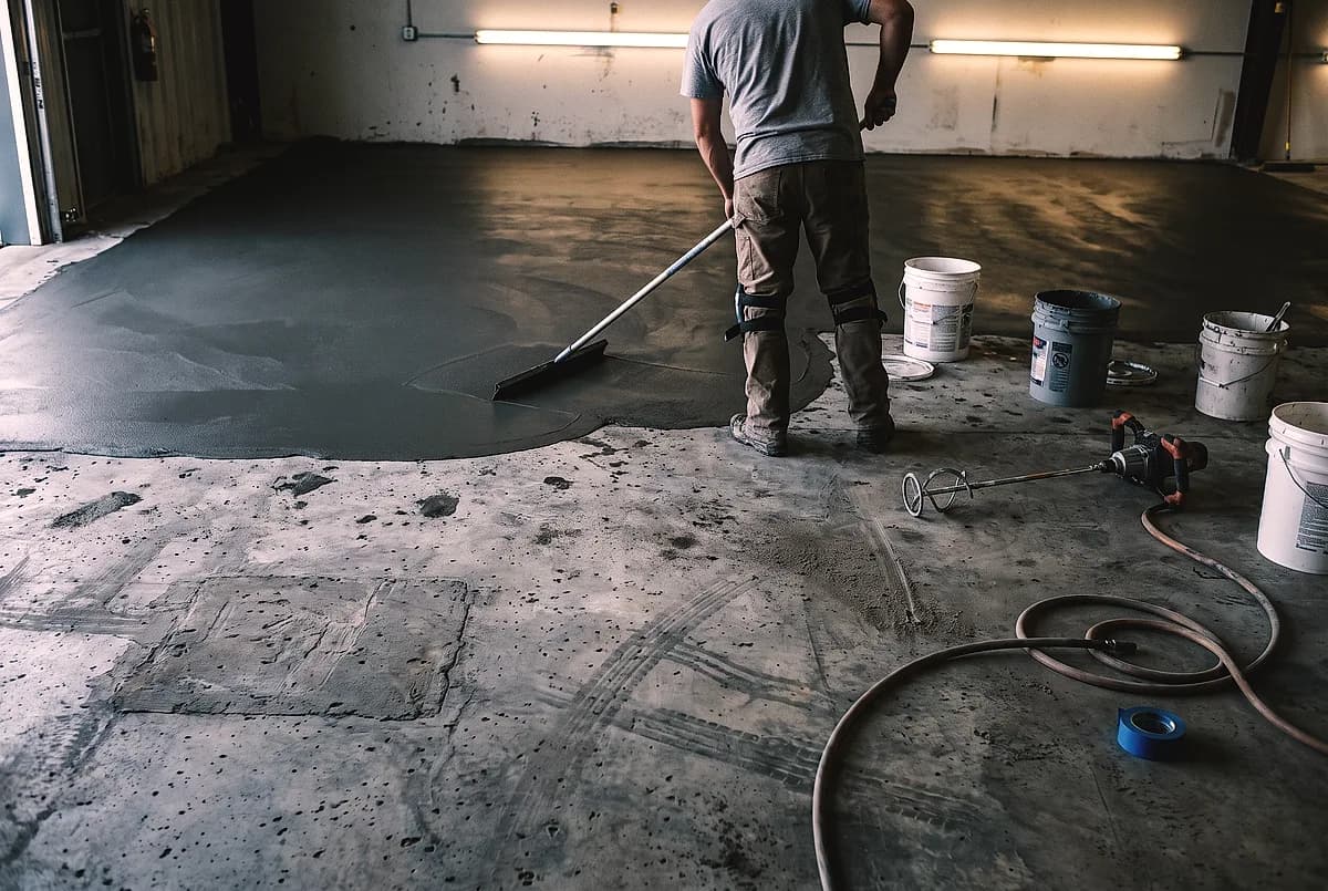 An overlay being spread thin across a worn concrete floor with a squeegee