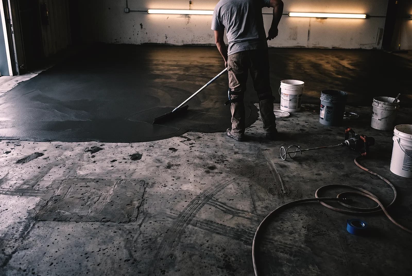 An overlay being spread thin across a worn concrete floor with a squeegee