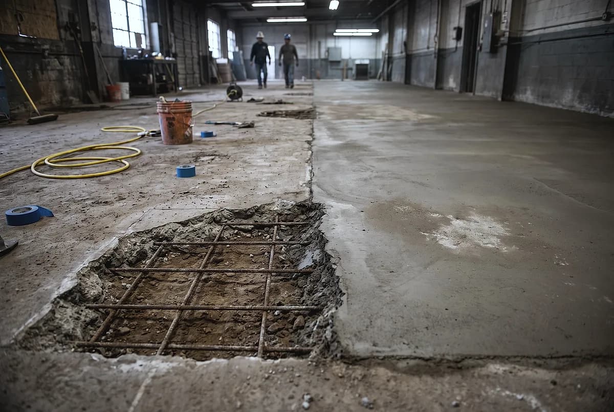 A section broken out to the rebar beside a resurfaced section of the same floor