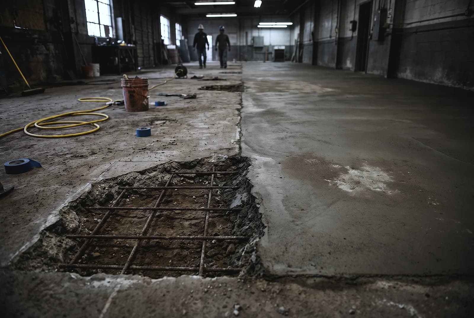 A section broken out to the rebar beside a resurfaced section of the same floor