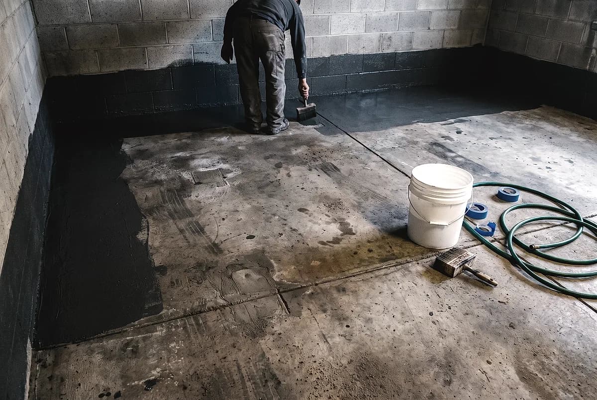 A waterproofing membrane being brushed onto a slab and up the wall