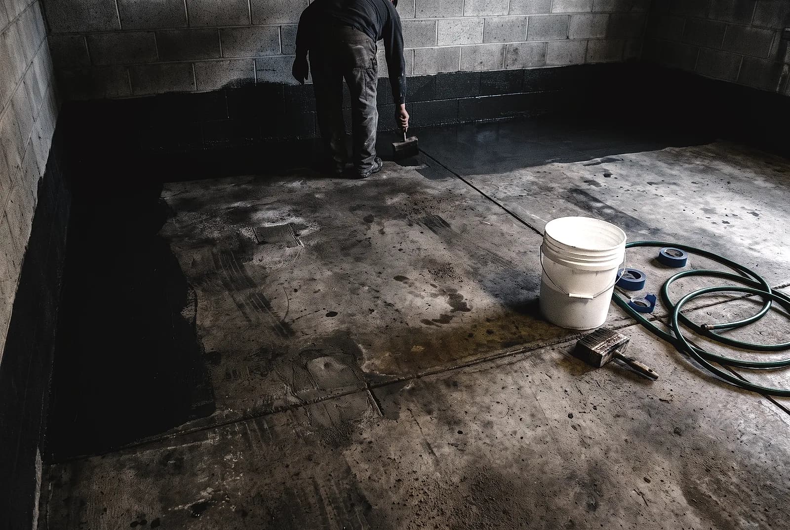 A waterproofing membrane being brushed onto a slab and up the wall