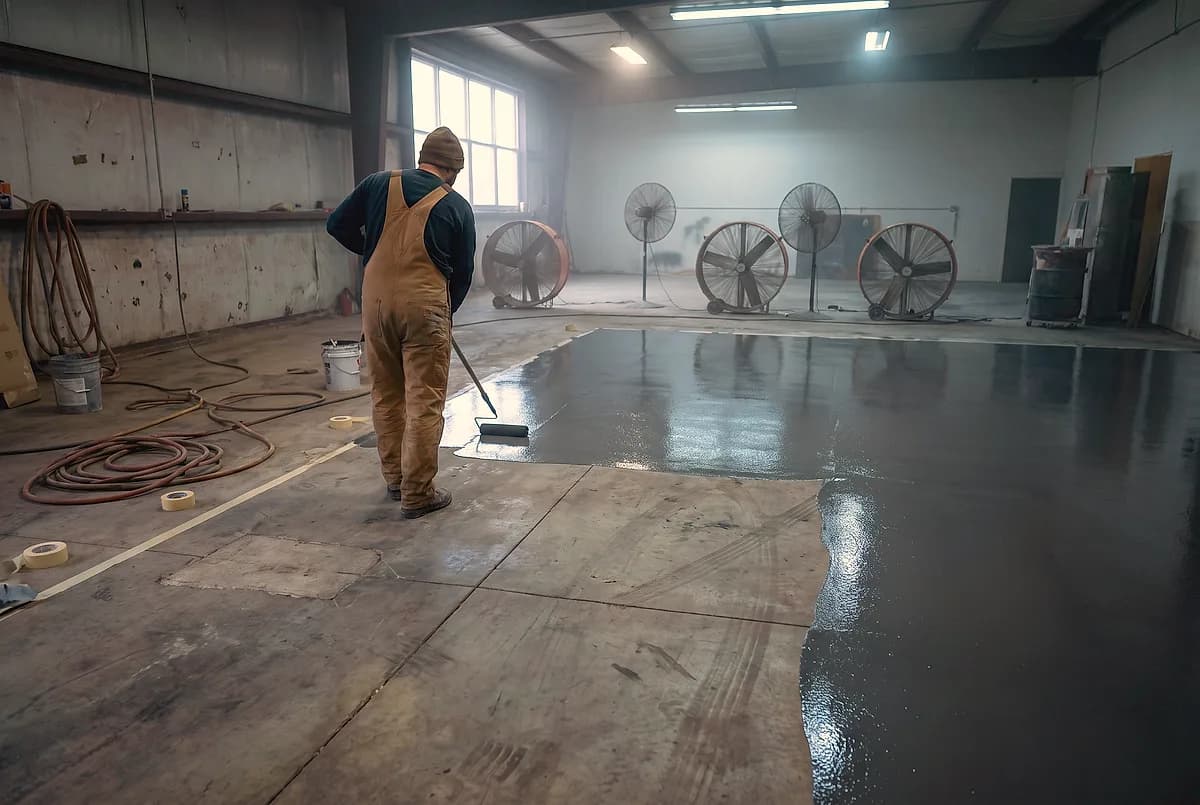 A coating being rolled out across a slab with drying fans behind