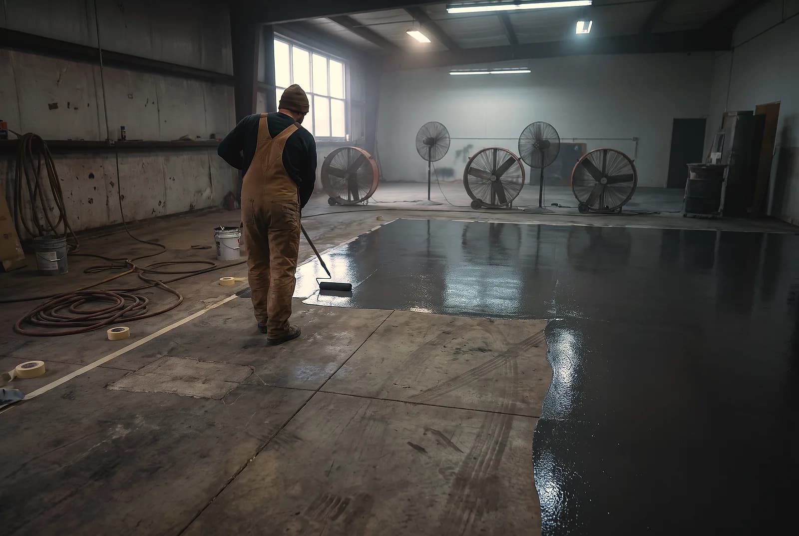 A coating being rolled out across a slab with drying fans behind