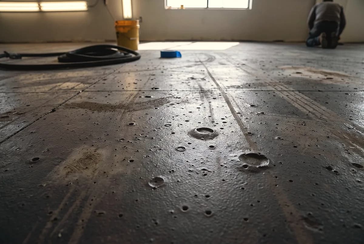 Pinholes and burst bubbles in a cured floor coating, close up
