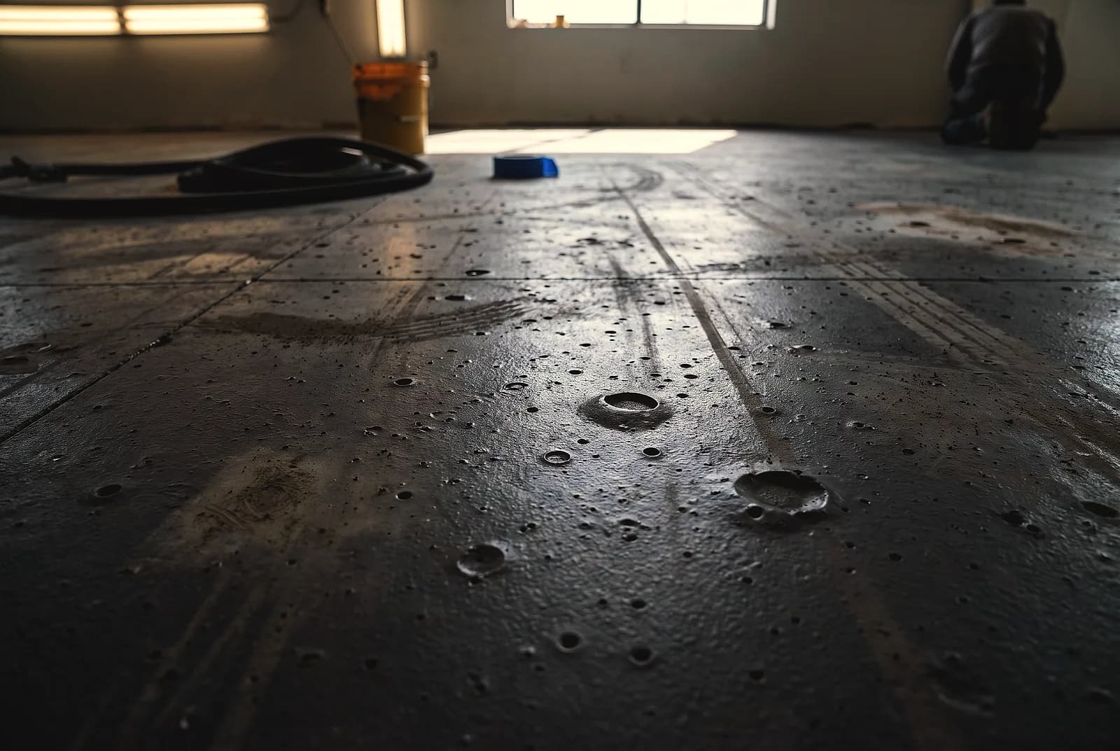Pinholes and burst bubbles in a cured floor coating, close up